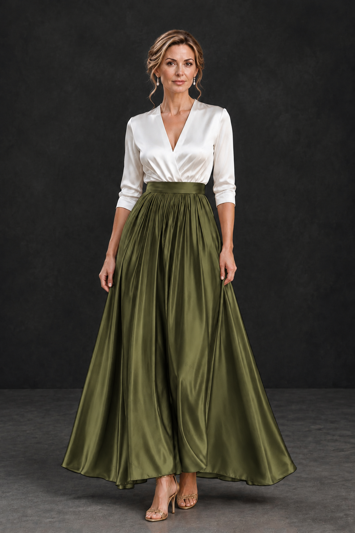 BOLODOO Olive Green and White V-Neck A-Line Mother of the Bride Dress - Olive Green - Olive Green_1