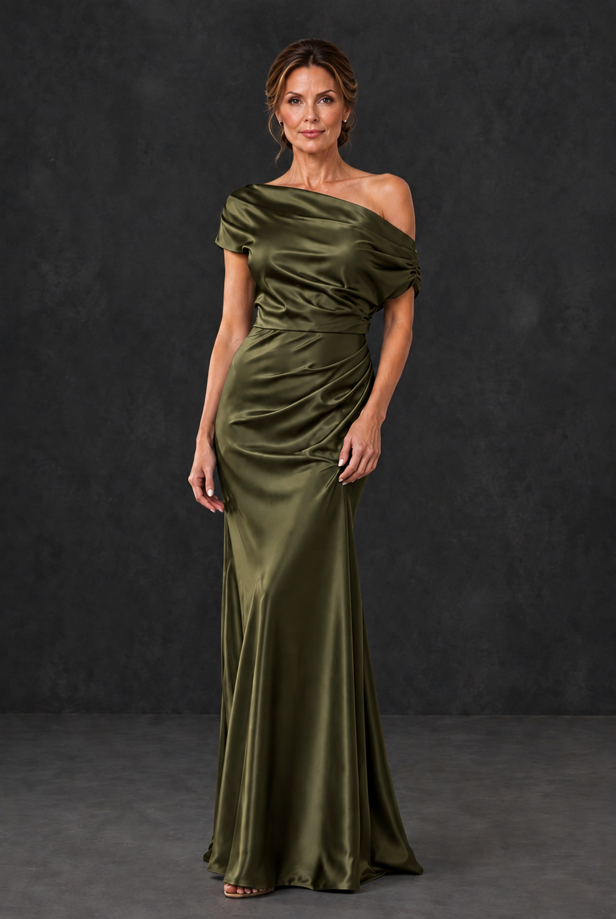 BOLODOO Olive Green Asymmetric Ruched Mother of the Bride Dress - Olive Green - Olive_Green_1
