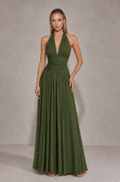 BOLODOO Olive Green Chiffon Halter Deep V-Neck Ruched A-Line Backless Maxi Dress with Train-BD0167 - Olive Green - Olive Green_1