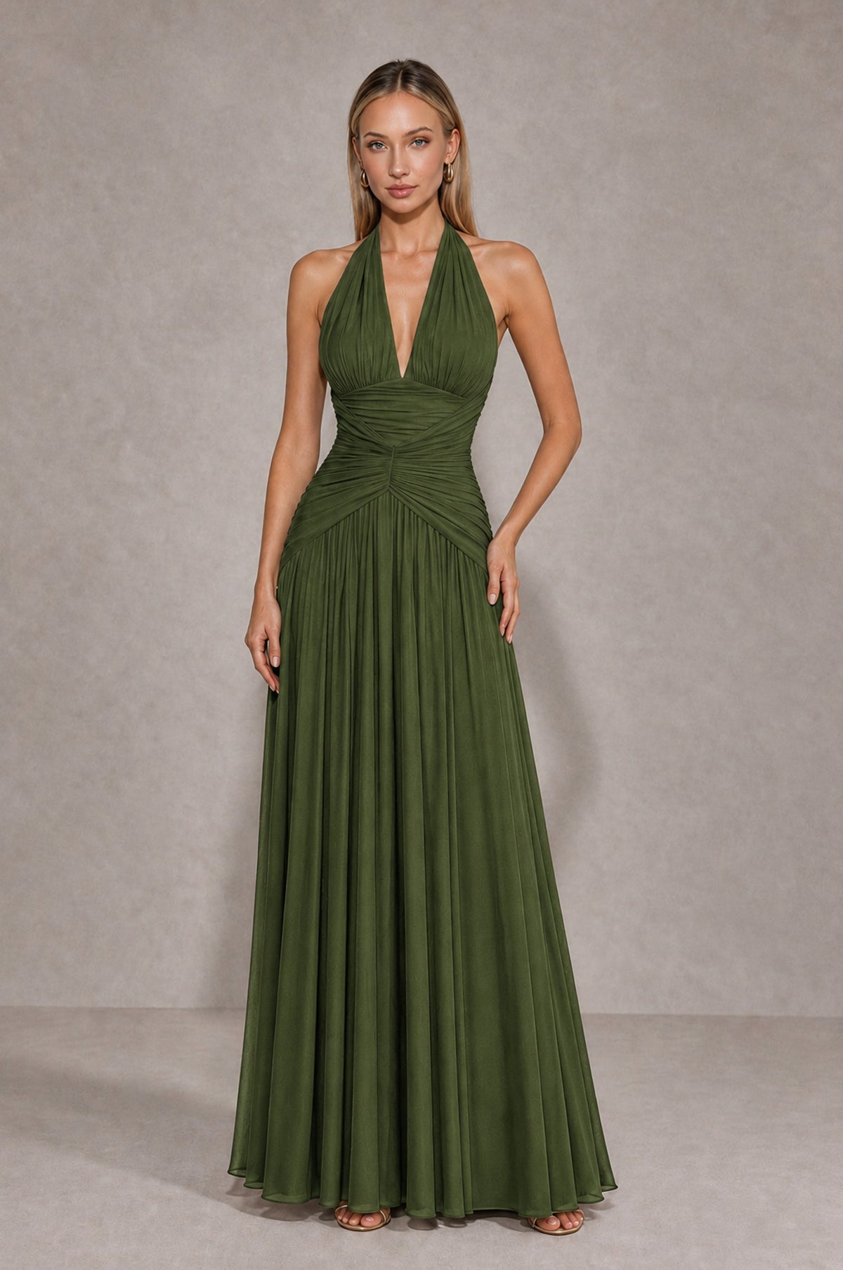 BOLODOO Olive Green Chiffon Halter Deep V-Neck Ruched A-Line Backless Maxi Dress with Train-BD0167 - Olive Green - Olive Green_1