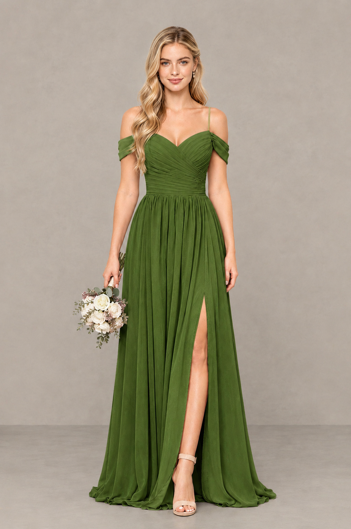 BOLODOO Olive Green Off-Shoulder Bridesmaid Dress with Slit - Olive Green