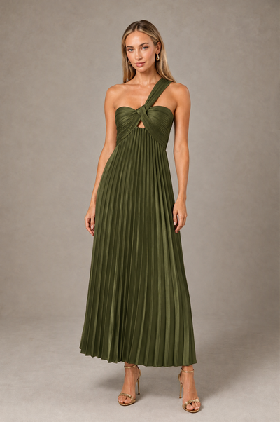 BOLODOO Olive Green One-Shoulder Twist Knot Pleated Satin Midi Dress with Cutout - Olive Green - Olive_Green_1