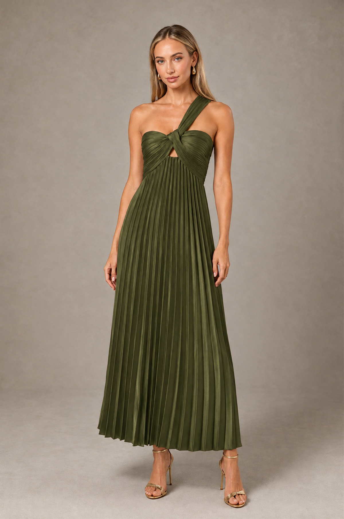 BOLODOO Olive Green One-Shoulder Twist Knot Pleated Satin Midi Dress with Cutout - Olive Green - Olive_Green_1