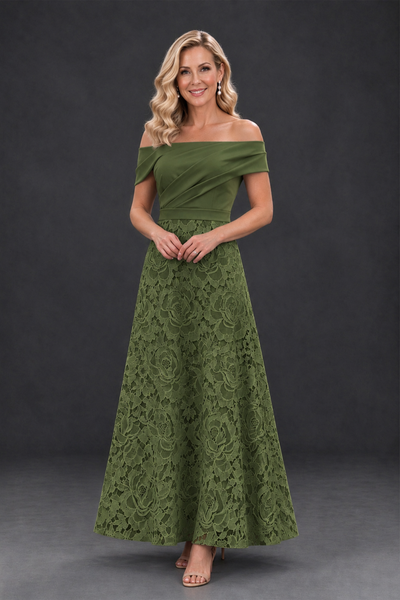 BOLODOO Olive Green Off-the-Shoulder Floral A-Line Mother of the Bride Dress - Olive Green - Olive Green_1