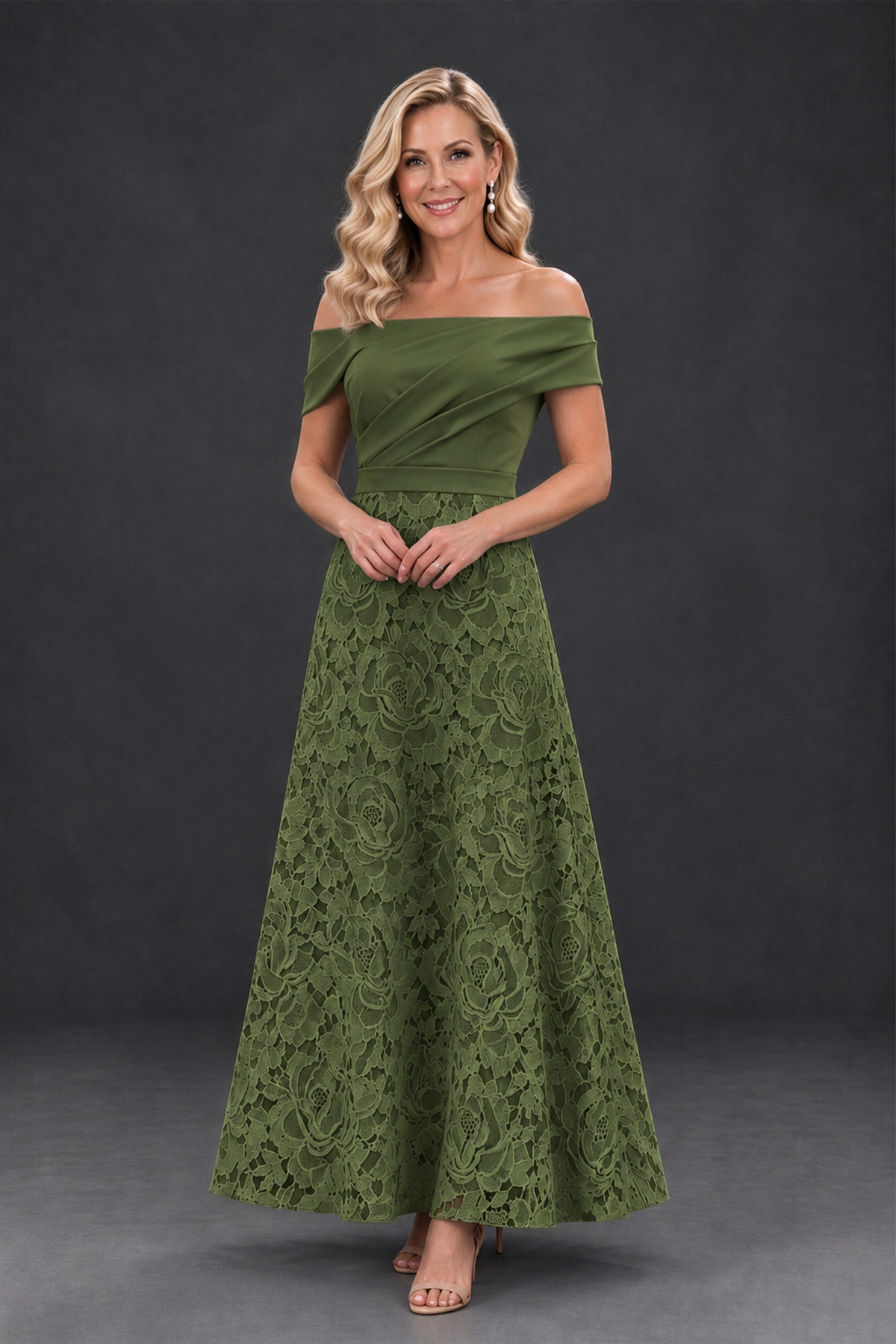 BOLODOO Olive Green Off-the-Shoulder Floral A-Line Mother of the Bride Dress - Olive Green - Olive Green_1