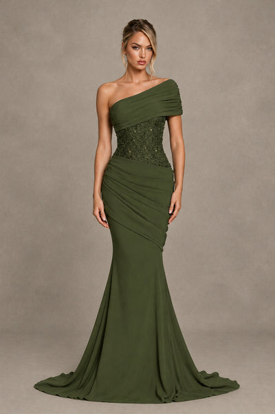 BOLODOO Olive Green One-Shoulder Sequin Embroidered Ruched Mermaid Gown with Train - Olive Green - Olive Green_1