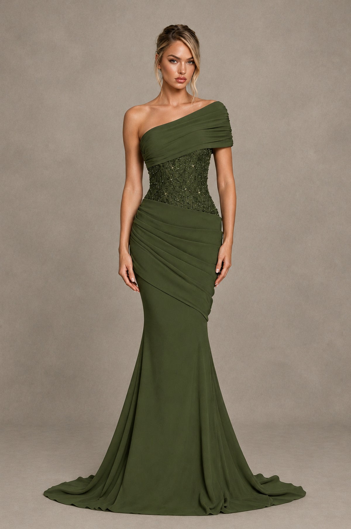BOLODOO Olive Green One-Shoulder Sequin Embroidered Ruched Mermaid Gown with Train - Olive Green - Olive Green_1