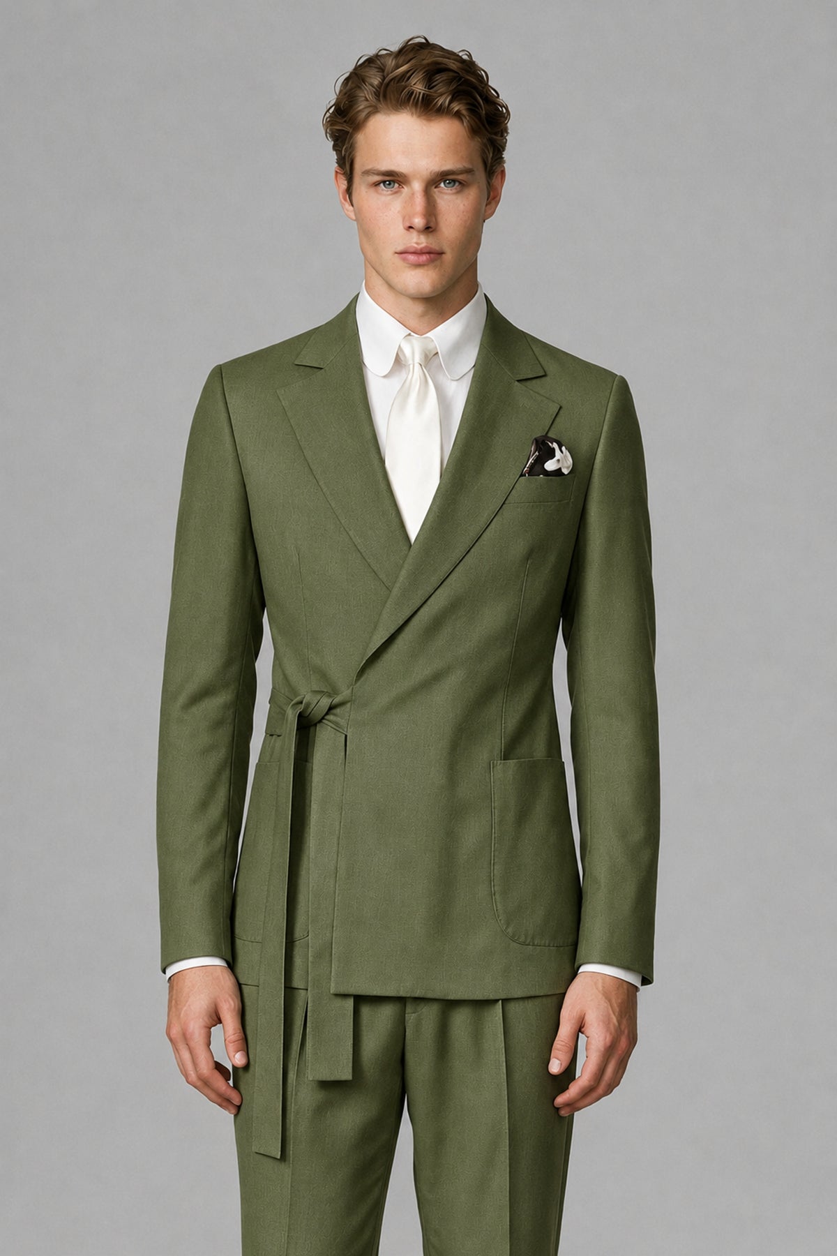 Bolodoo Men's Olive Green Wrap Tie-Waist Two-Piece Suit – Jacket & Trousers - Olive Green - Olive Green_1