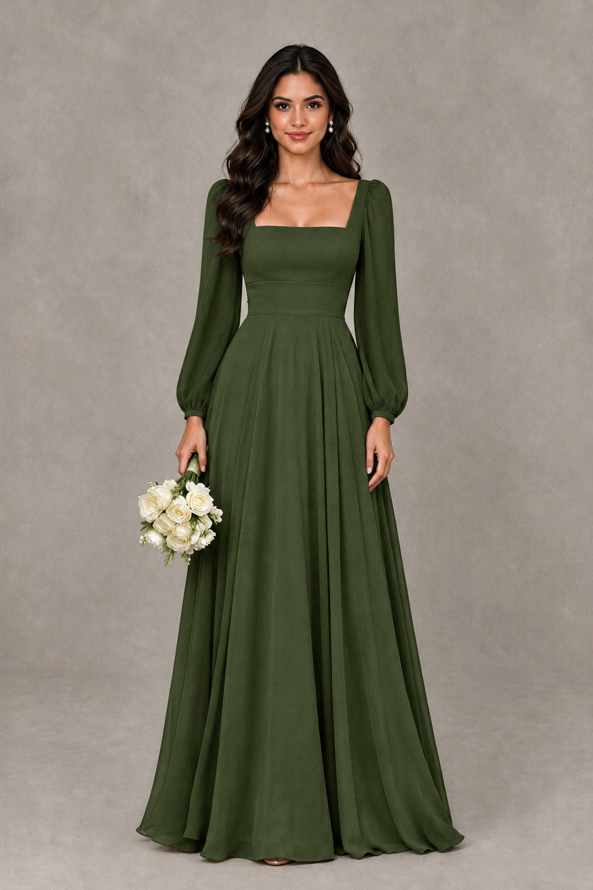 BOLODOO Olive Green Square Neck Long Sleeve A-Line Bridesmaid Dress - Olive Green - Olive Green_1