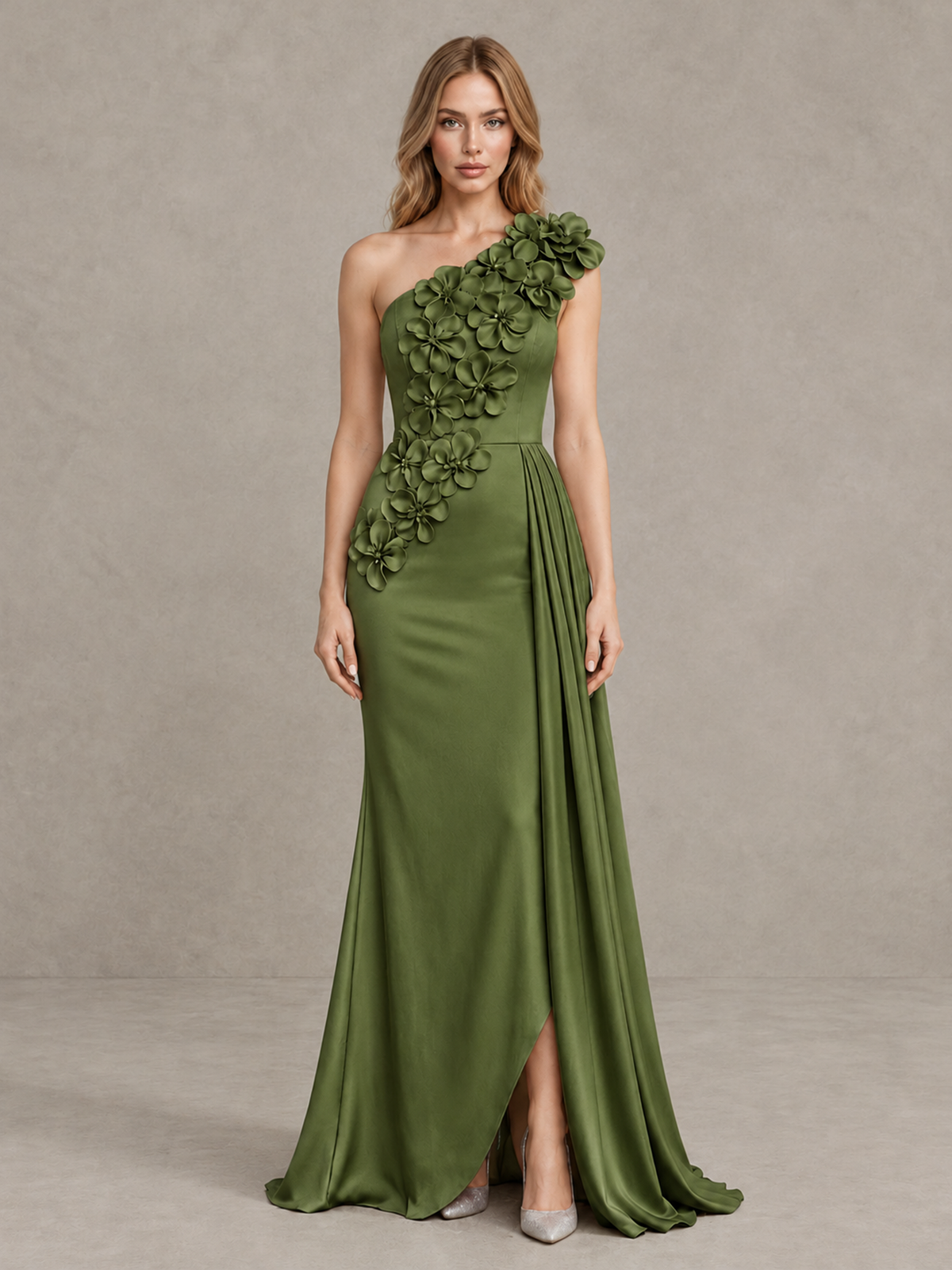 BOLODOO Olive Green One-Shoulder Satin Mermaid Evening Gown with 3D Floral Appliqué - Olive Green - Olive Green_1