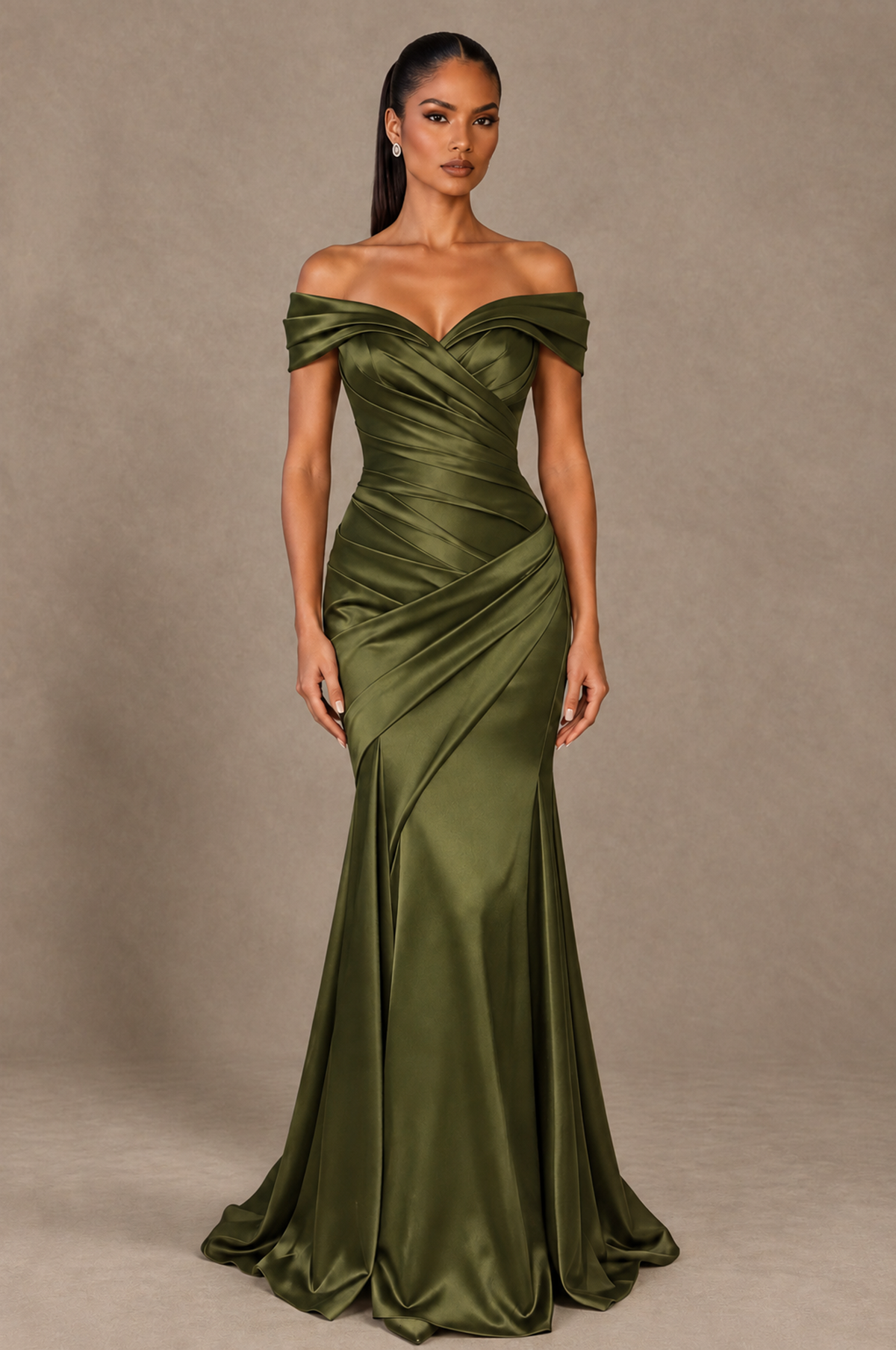 BOLODOO Olive Green Off-the-Shoulder Ruched Satin Mermaid Evening Dress - Olive Green - Olive_Green_1