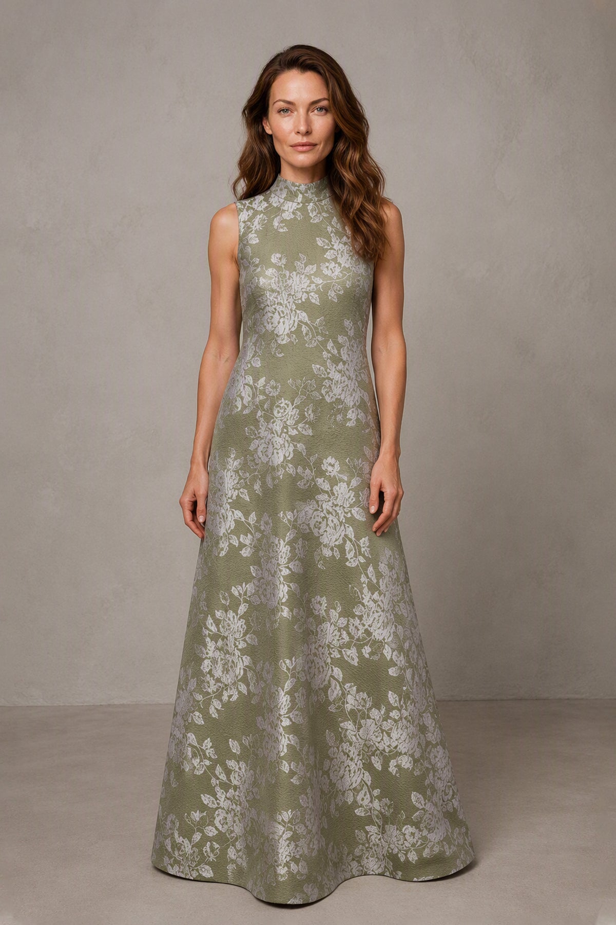 BOLODOO Olive Green Jacquard High Neck Sleeveless A-Line Maxi Dress – Wedding Guest & Formal Evening Gown - Olive Green