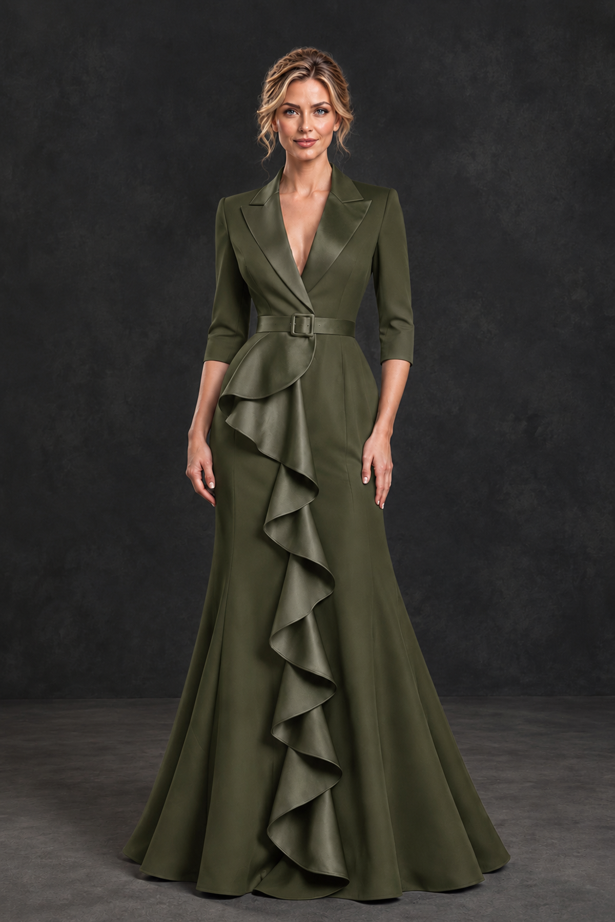 BOLODOO Olive Green Lapel Ruffle Mother of the Bride Dress with Belt - Olive Green - Olive Green_1