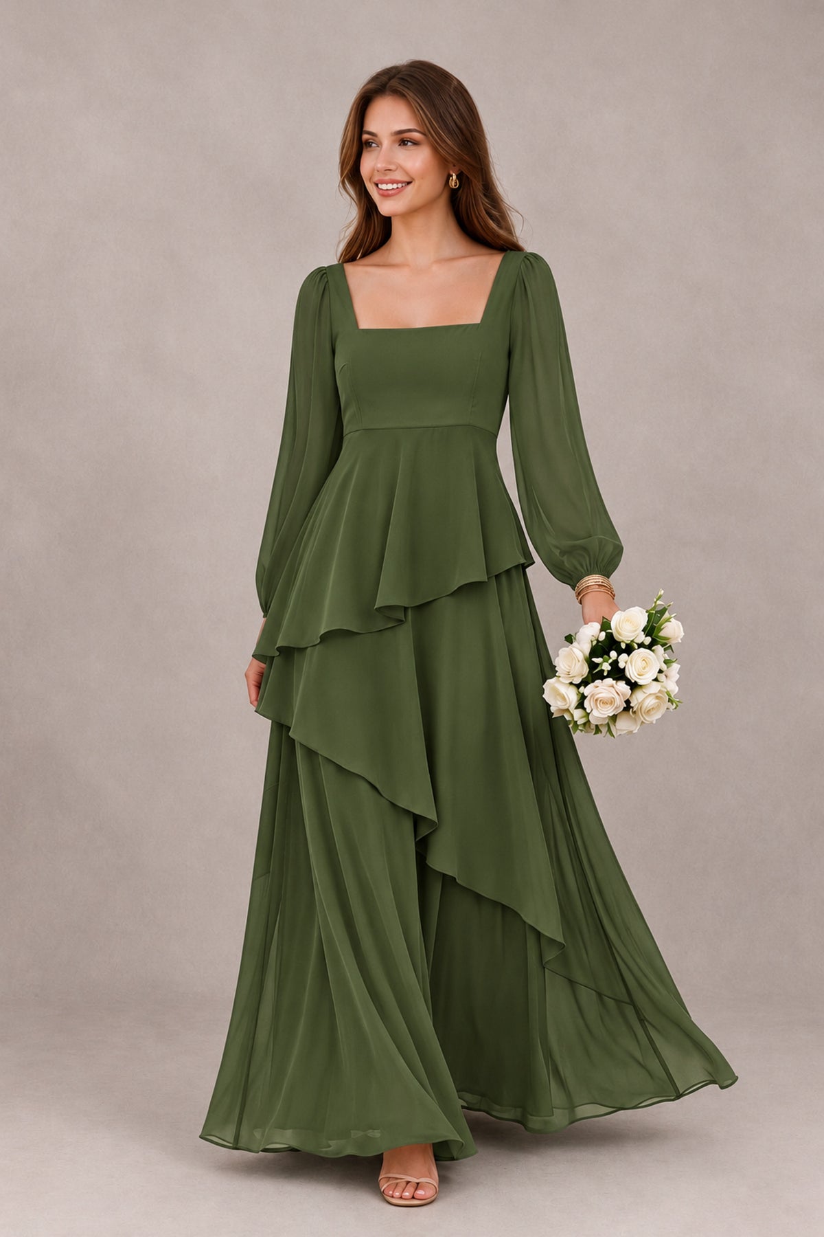 BOLODOO Olive Green Long Sleeve Ruffle Bridesmaid Dresses - Olive Green - Olive Green_1