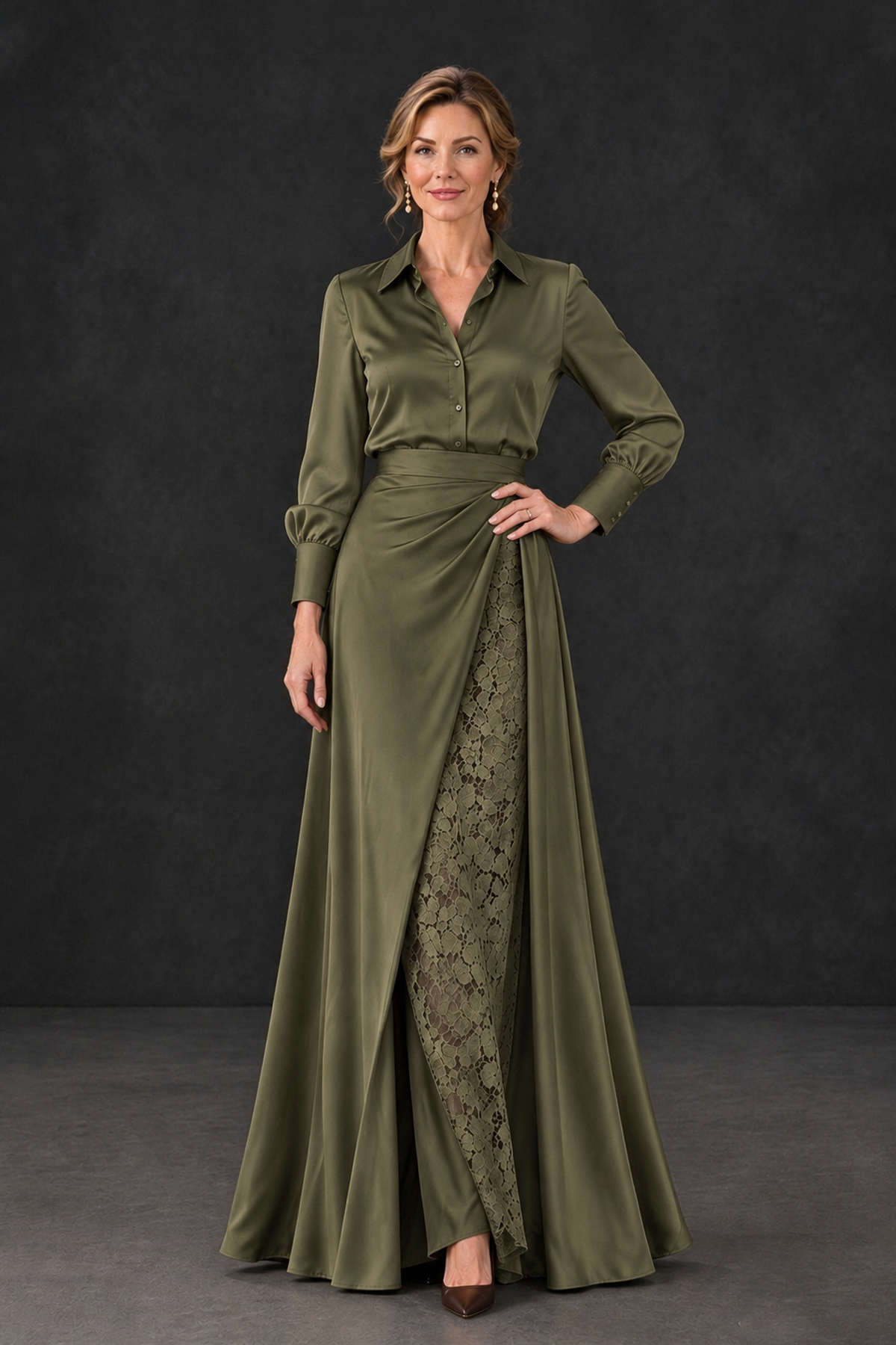 BOLODOO Olive Green Long Sleeve Satin-Look Lace Panel Gown - Olive Green - Olive Green_1
