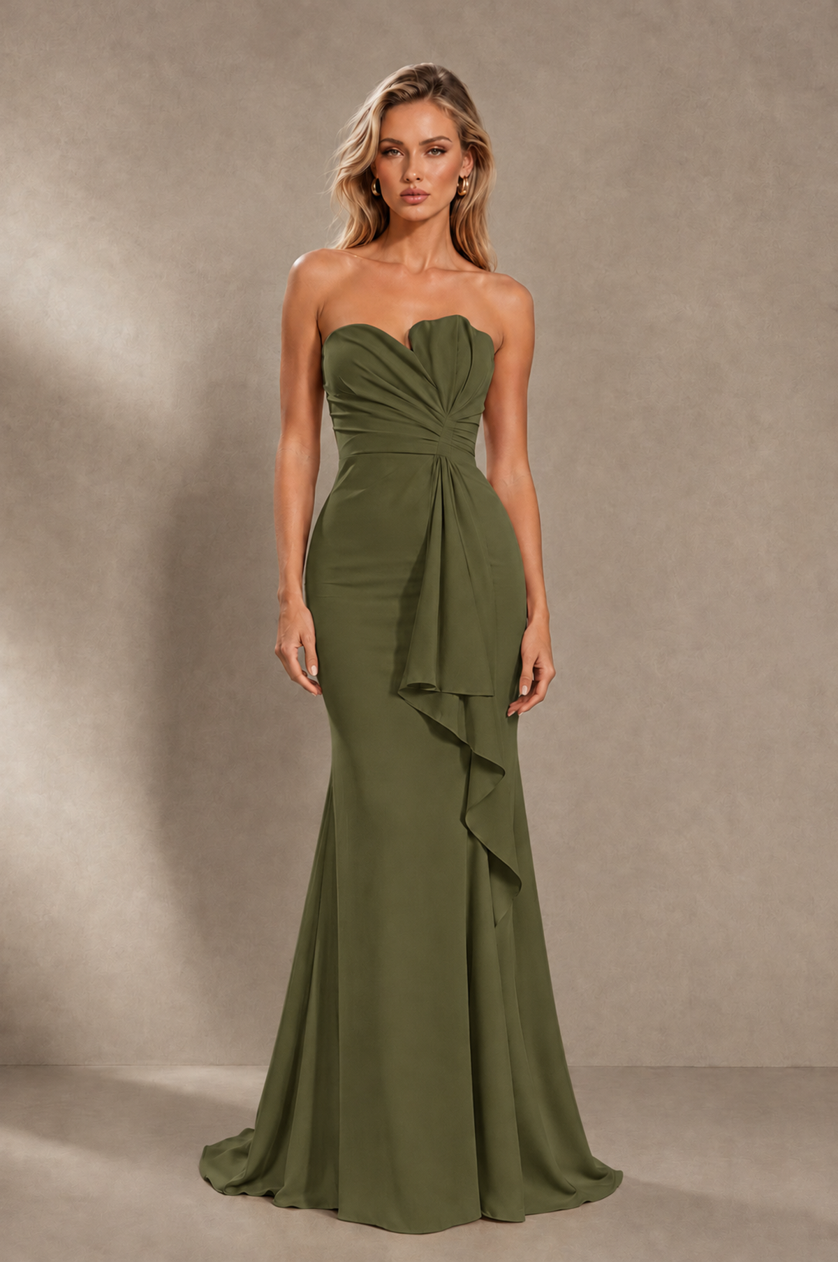 BOLODOO Olive Green Strapless Sweetheart Ruched Mermaid Gown | Cascade Drape Formal Evening Dress - Olive Green - Olive_Green_1