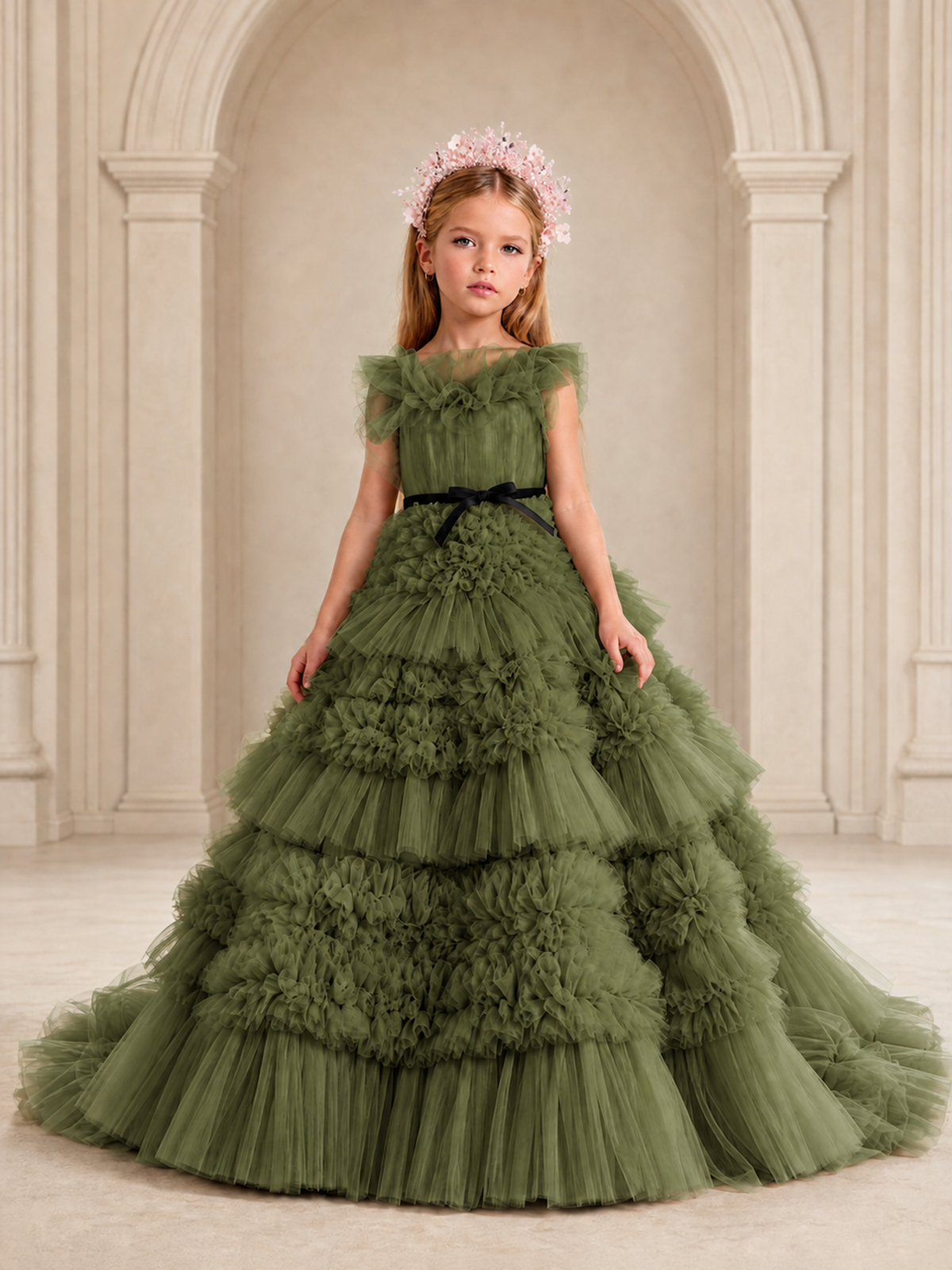 BOLODOO Olive Green Tiered Tulle Flower Girl Dress with Floral Appliques - Olive Green - Olive Green_1