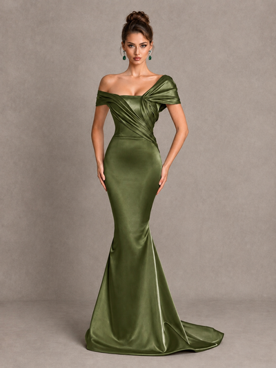 BOLODOO Olive Green Off-Shoulder Satin Mermaid Prom Dress - Olive Green - Olive Green_1