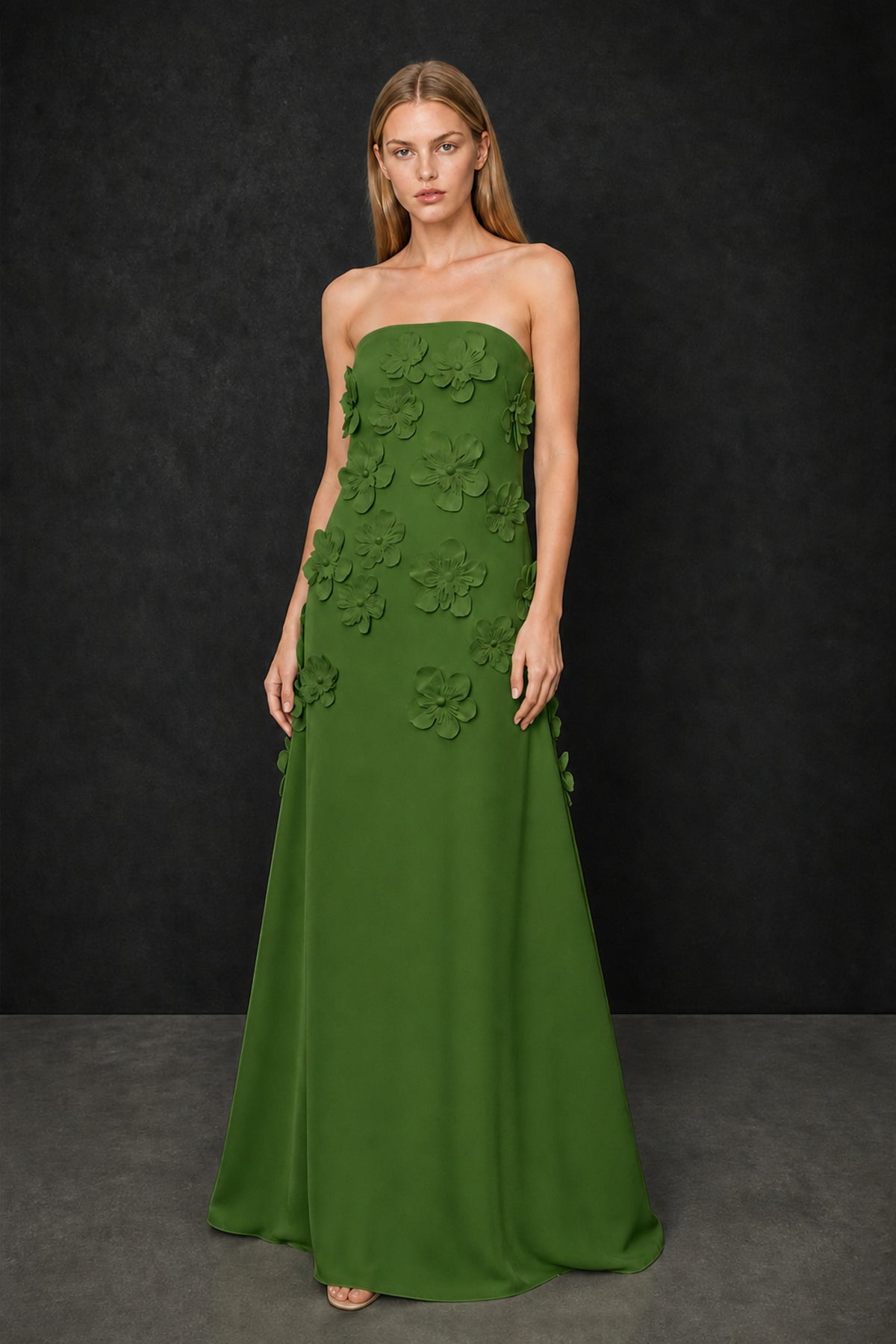 BOLODOO Olive Green Strapless 3D Floral Appliqué Crepe Mermaid Maxi Gown - Olive Green
