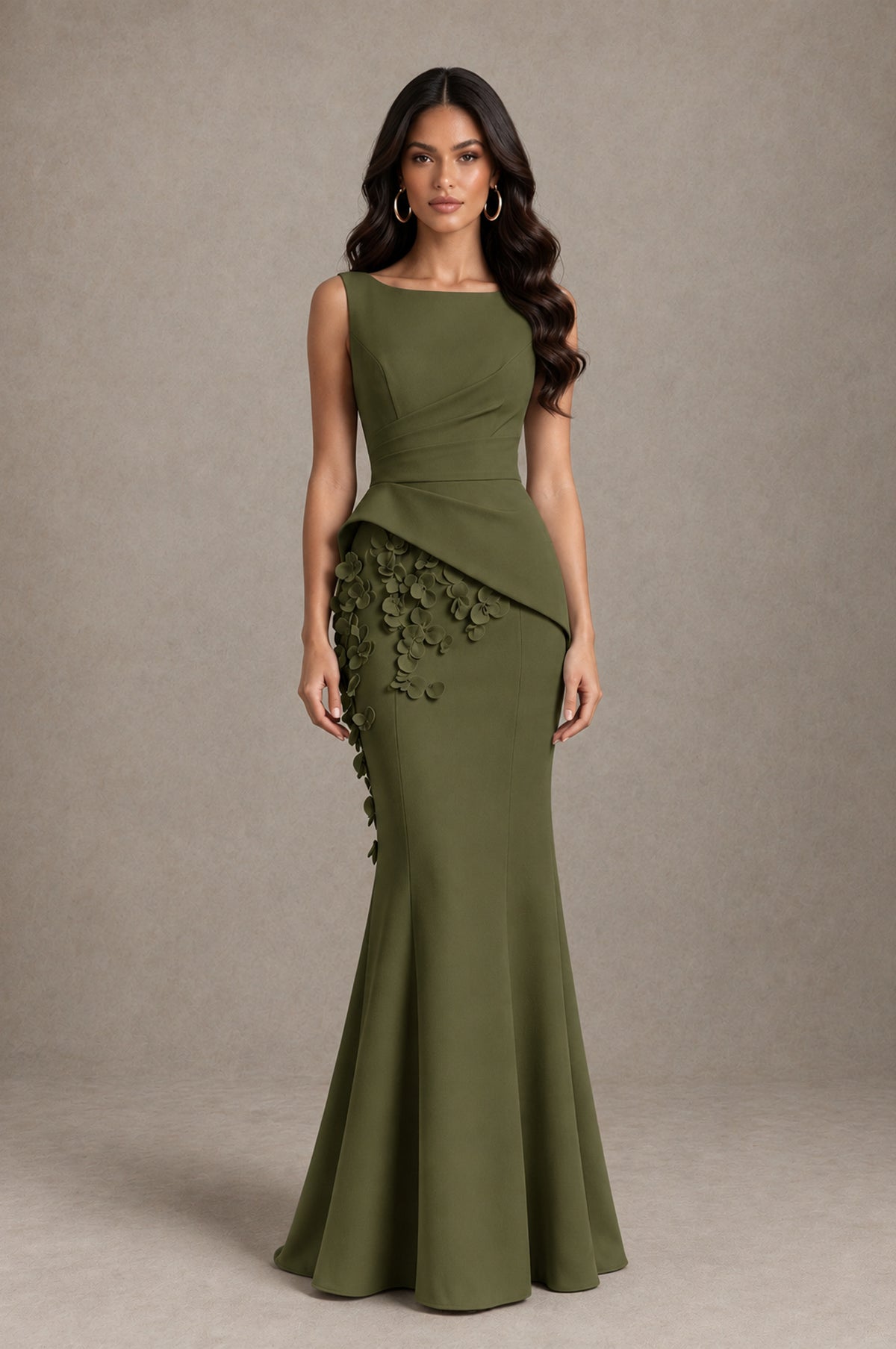 BOLODOO Olive Green Bateau Neck Sleeveless Asymmetric Peplum 3D Petal Appliqué Mermaid Gown BD0421 - Olive Green - Olive Green_1