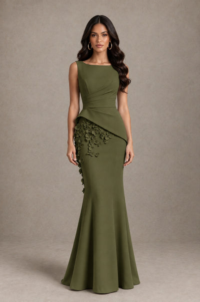 BOLODOO Olive Green Bateau Neck Sleeveless Asymmetric Peplum 3D Petal Appliqué Mermaid Gown BD0421 - Olive Green - Olive Green_1