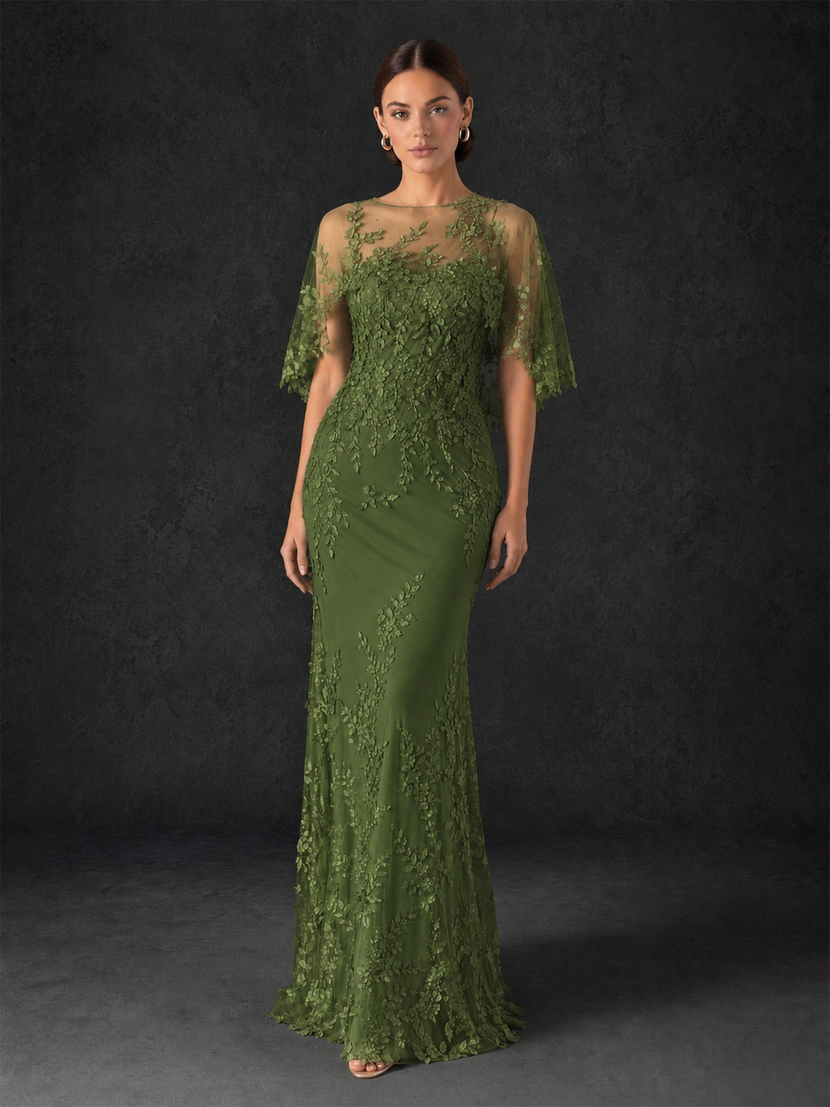 BOLODOO Mocha Olive Green Botanical Lace Flutter Sleeve Mermaid Gown - Olive Green