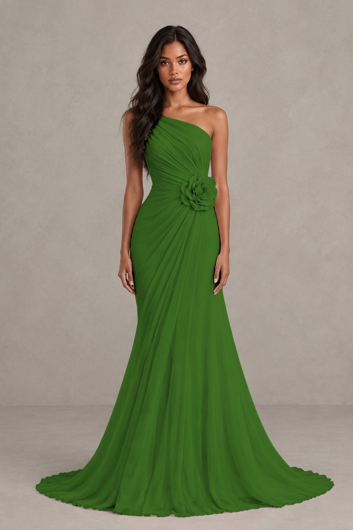 BOLODOO Olive Green One-Shoulder Floral Ruched Maxi Dress - Olive Green