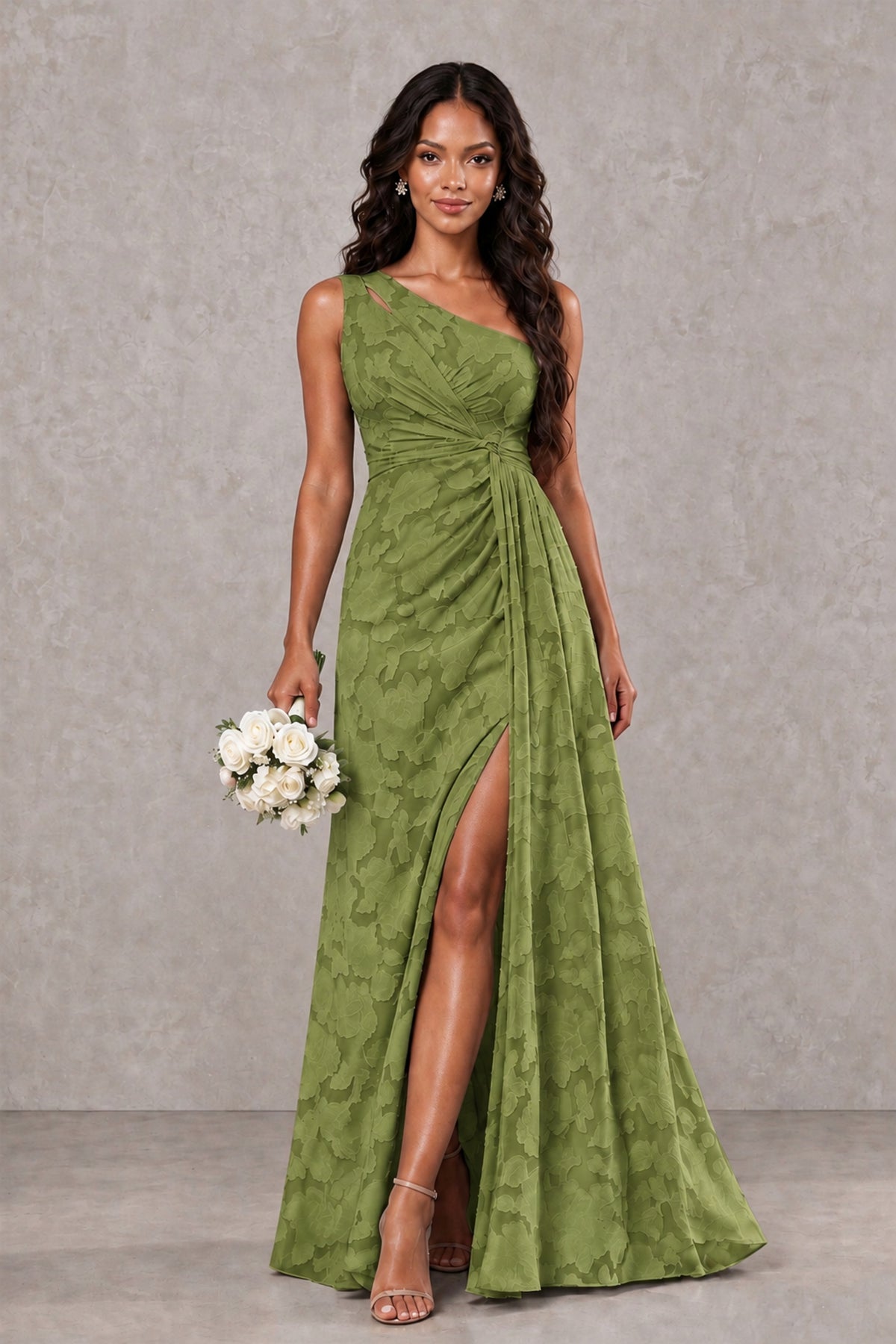 BOLODOO Olive Green One-Shoulder Floral Textured Maxi Dress with High Slit - Olive Green - Olive Green_1