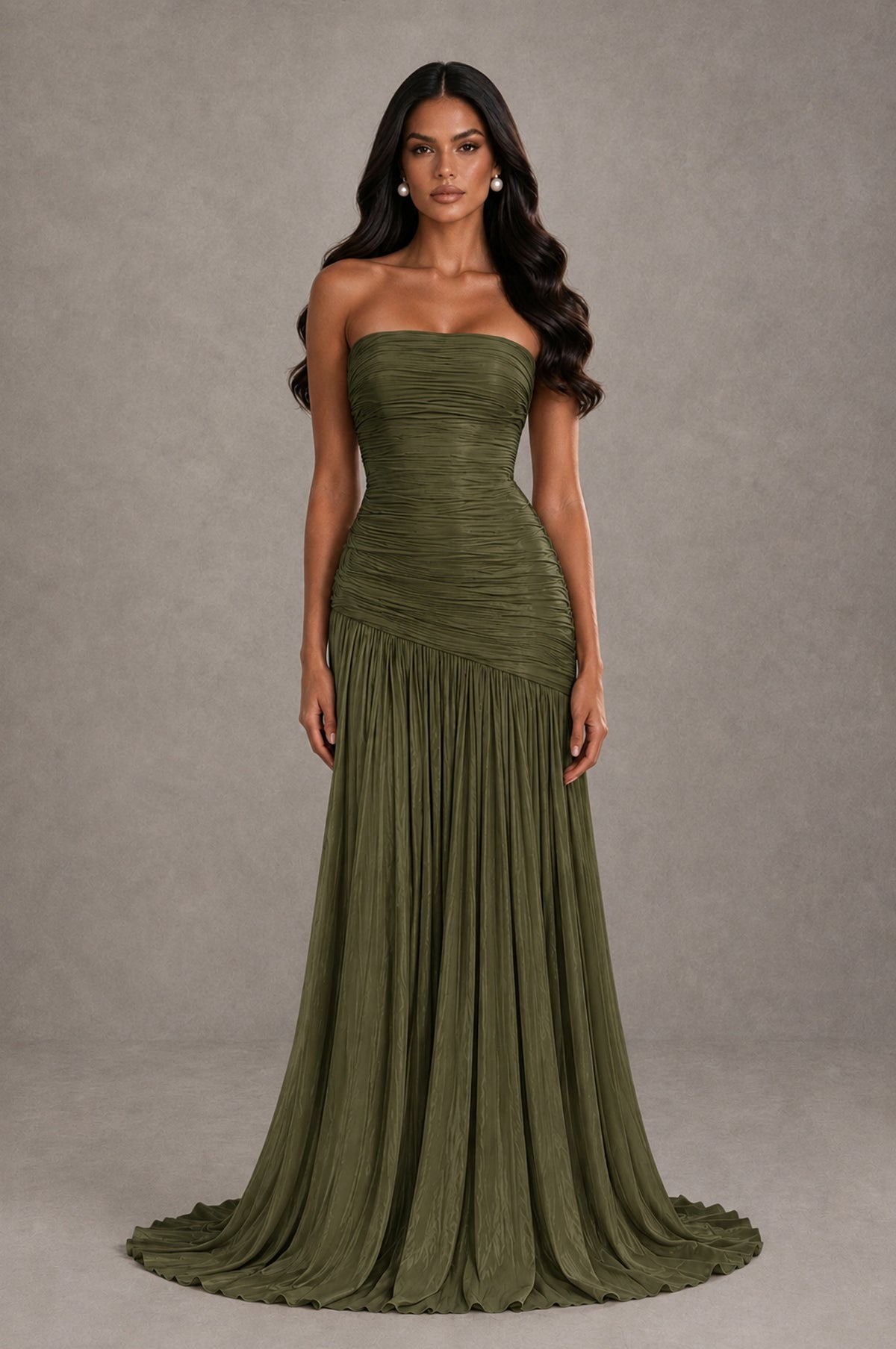 BOLODOO Olive Green Metallic Ruched Strapless Pleated A-Line Backless Maxi Dress with Train - Olive Green - Olive Green_1