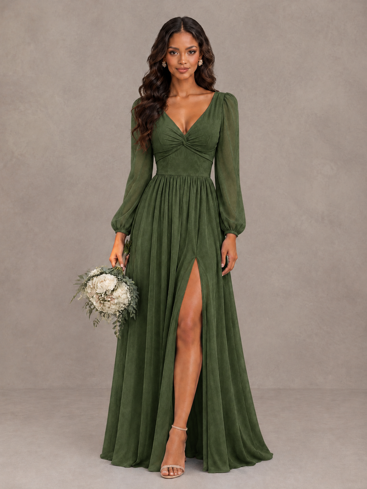 BOLODOO Olive Green V-Neck Long Sleeve Bridesmaid Dress with Tie Back and Slit - Olive Green - Olive Green_1