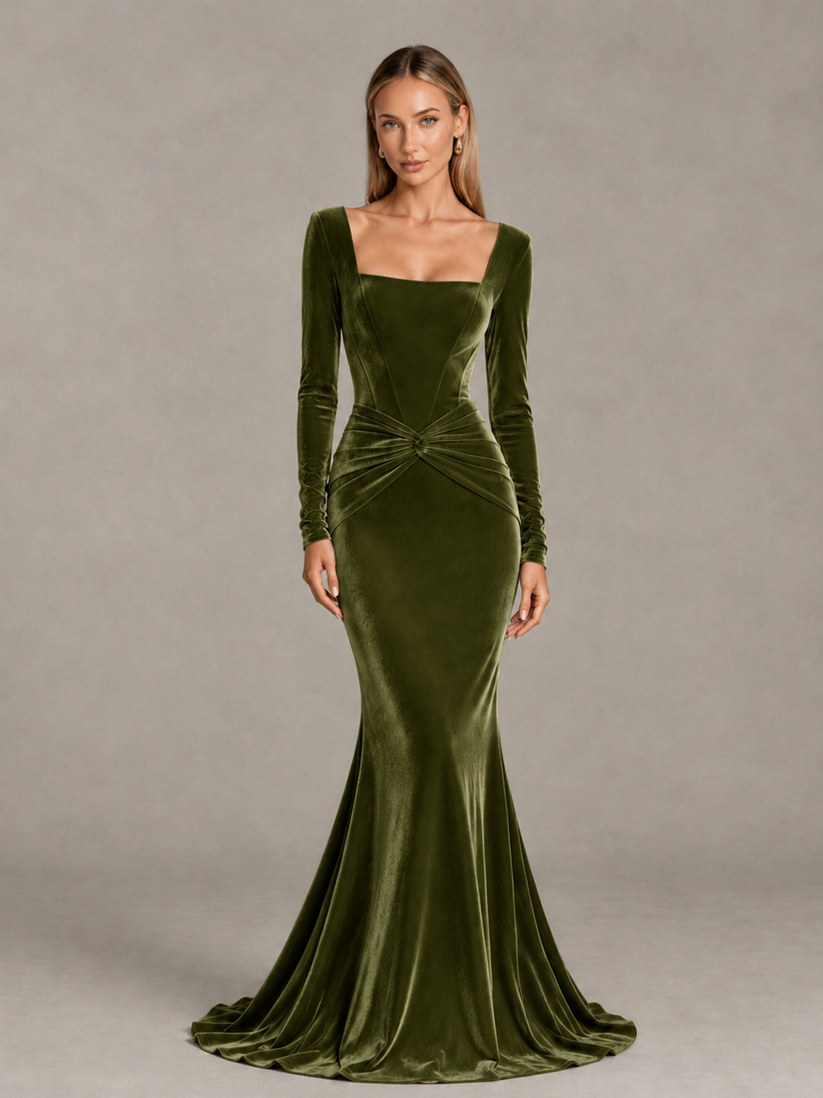 BOLODOO Olive Green Velvet-Look Square Neck Long Sleeve Mermaid Evening Dress - Olive Green - Olive Green_1