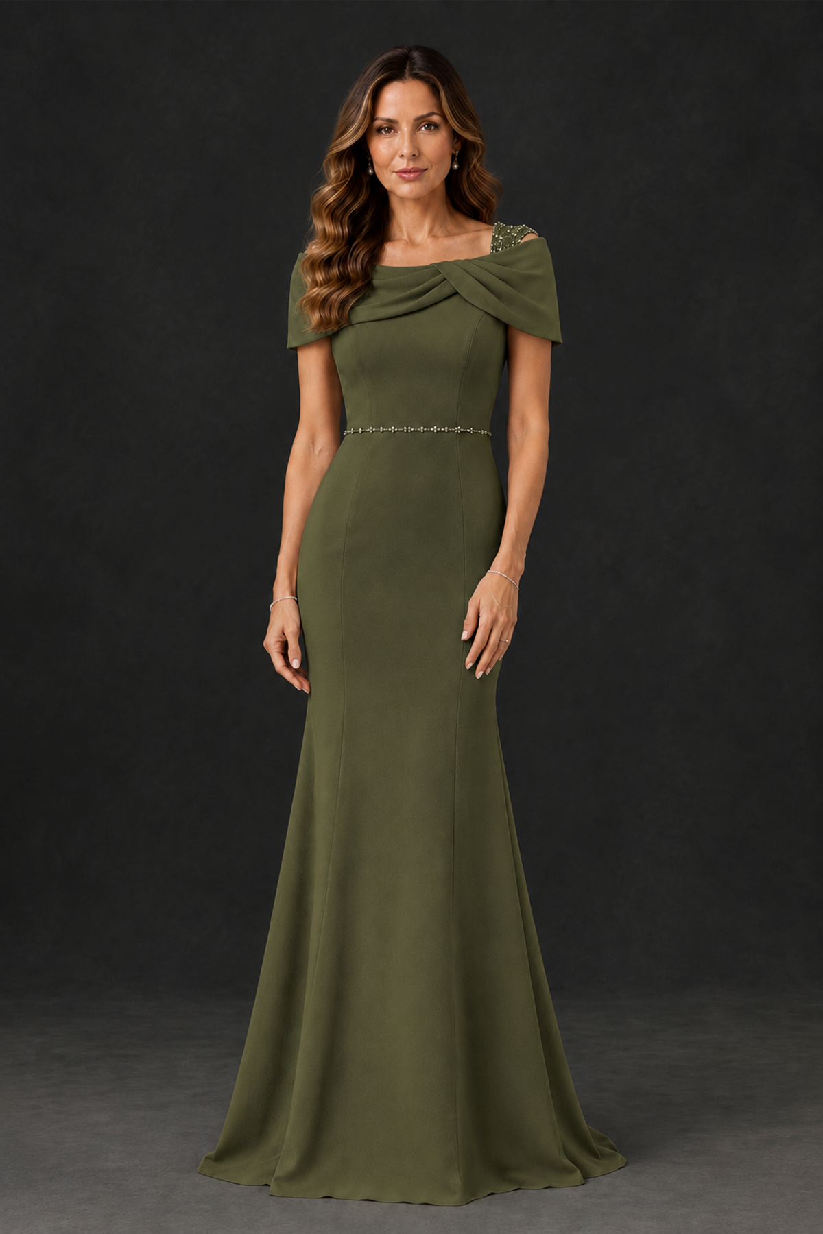 BOLODOO Olive Green Mother of the Bride Dress with Draped Cape Detail - Olive Green - Olive_Green_1