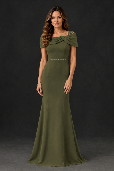 BOLODOO Olive Green Mother of the Bride Dress with Draped Cape Detail - Olive Green - Olive_Green_1