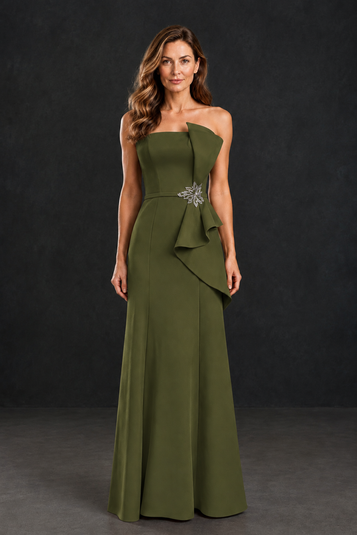 BOLODOO Olive Green Strapless Mother of the Bride Dress with Ruffle Detail - Olive Green - Olive_Green_1
