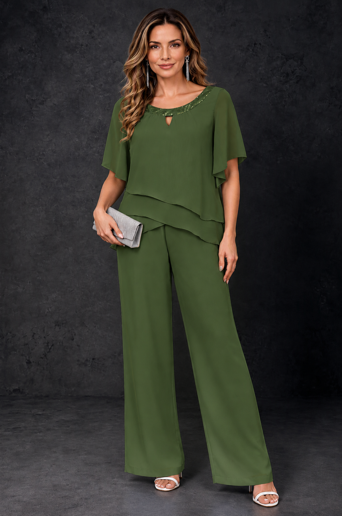 BOLODOO Olive Green Layered Chiffon-Look Mother of the Bride Pantsuit - Olive Green - Olive_Green_1