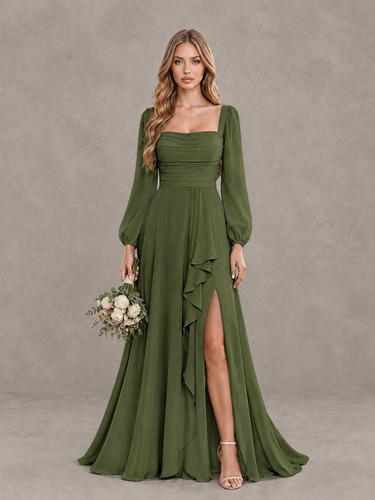 BOLODOO Olive Green Square Neck Long Sleeve Bridesmaid Dress with Ruffle Slit - Olive Green - Olive Green_1