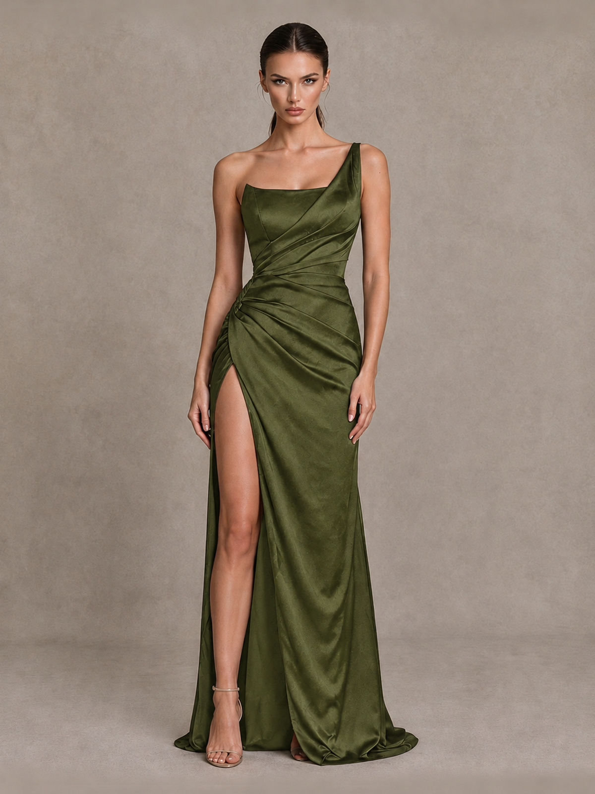 BOLODOO Olive Green One Shoulder Satin Evening Gown with High Slit and Sweep Train - Olive Green - Olive Green_1