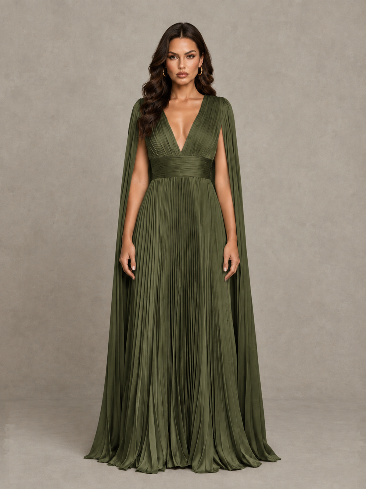 BOLODOO Olive Green Deep V-Neck Pleated Cape Sleeve Evening Gown - Olive Green - Olive Green_1