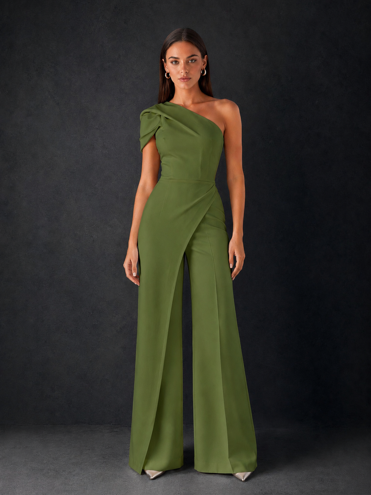 BOLODOO Olive Green One-Shoulder Puff Sleeve Wide-Leg Jumpsuit with Front Slit and Open Back - Olive Green