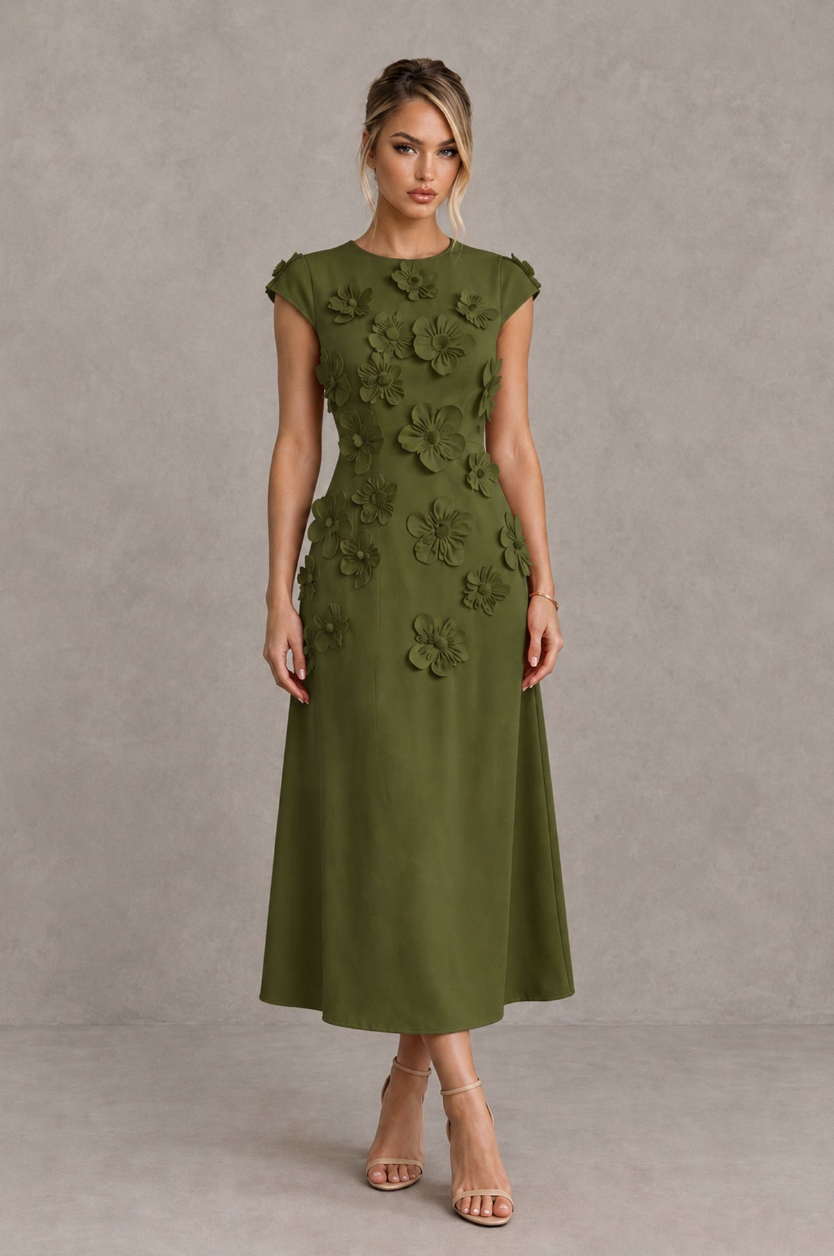 BOLODOO Olive Green 3D Floral Cap Sleeve Midi Cocktail Dress - Olive Green - Olive Green_1