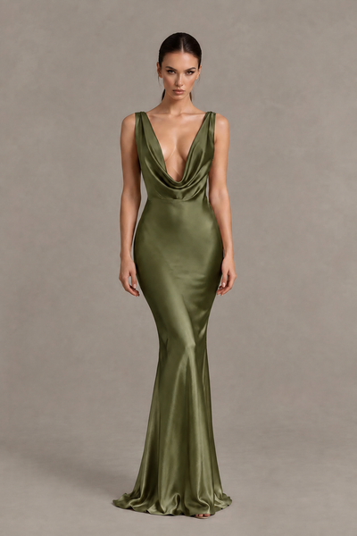 BOLODOO Olive Green Cowl Neck Backless Satin Mermaid Evening Dress - Olive Green - Olive Green_1