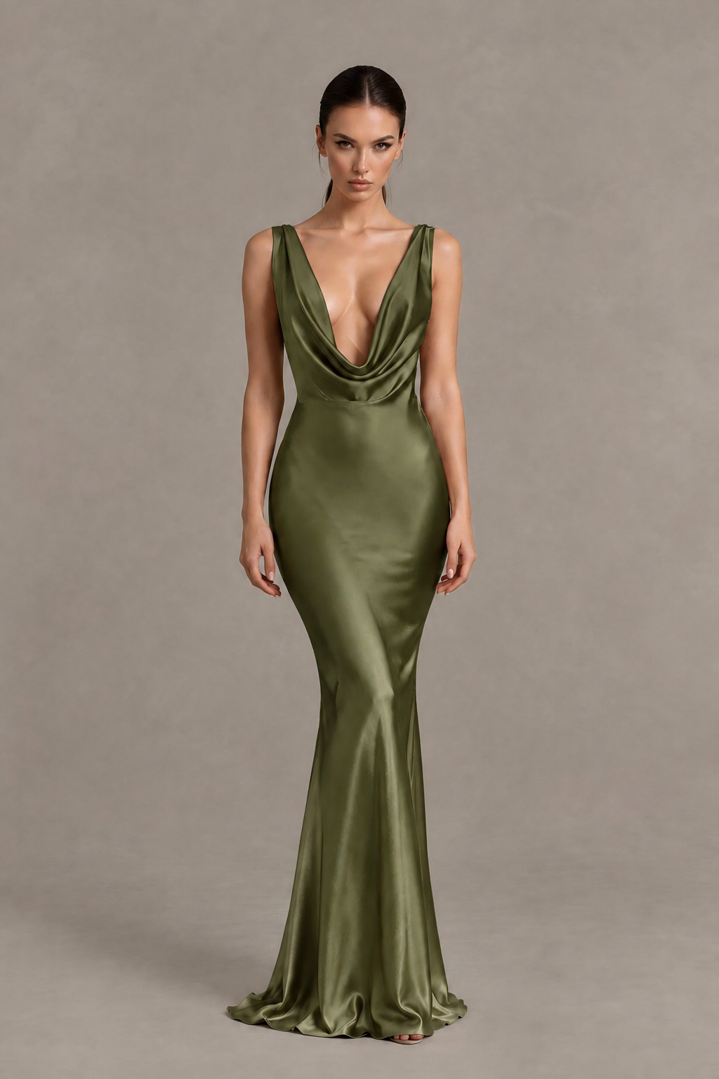 BOLODOO Olive Green Cowl Neck Backless Satin Mermaid Evening Dress - Olive Green - Olive Green_1