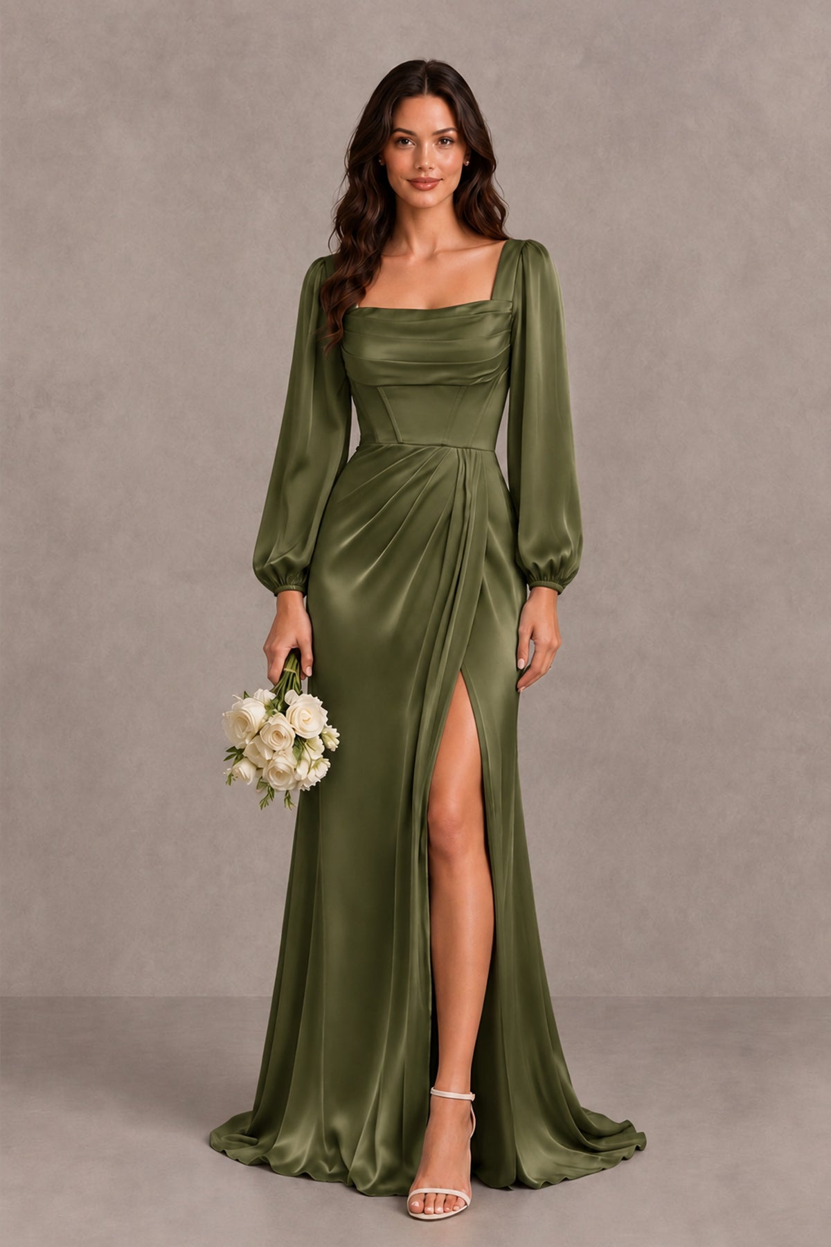 BOLODOO Olive Green Satin-Look Long Sleeve Evening Dress with High Slit - Olive Green - Olive Green_1