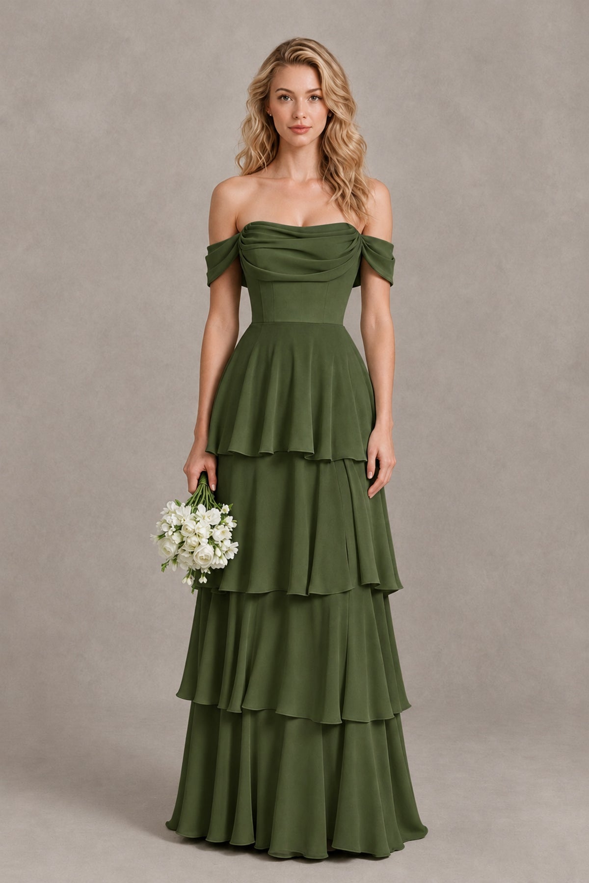 BOLODOO Olive Green Off-the-Shoulder Tiered A-Line Evening Bridesmaid Dress - Olive Green - Olive Green_1