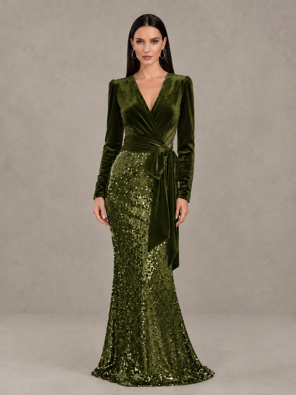 BOLODOO Olive Green Velvet & Sequin Long Sleeve V-Neck Mermaid Evening Gown - Olive Green - Olive Green_1
