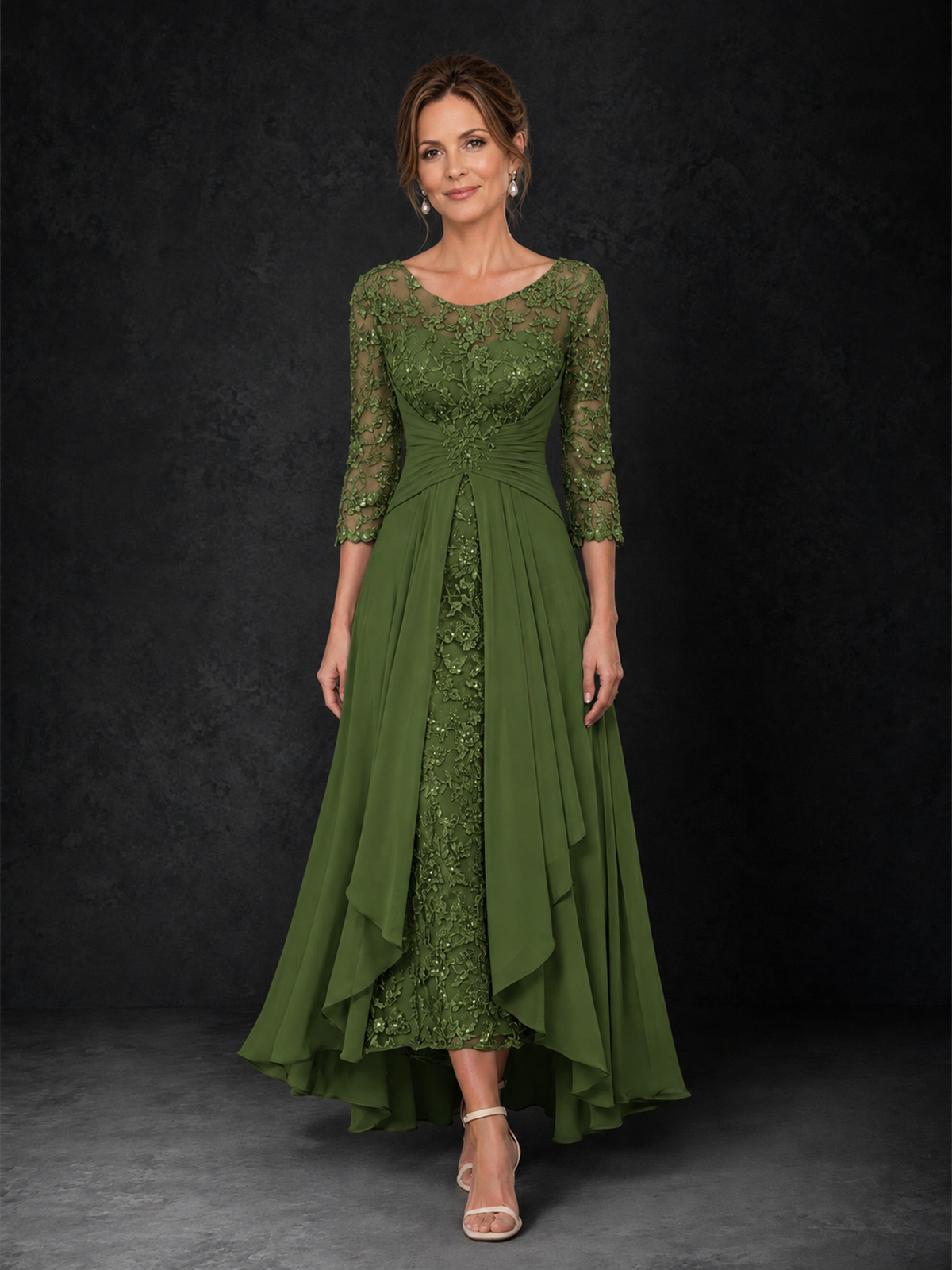 BOLODOO Olive Green Sequin Lace & Chiffon Tea-Length Mother of the Bride Dress with 3/4 Sleeves - Olive Green
