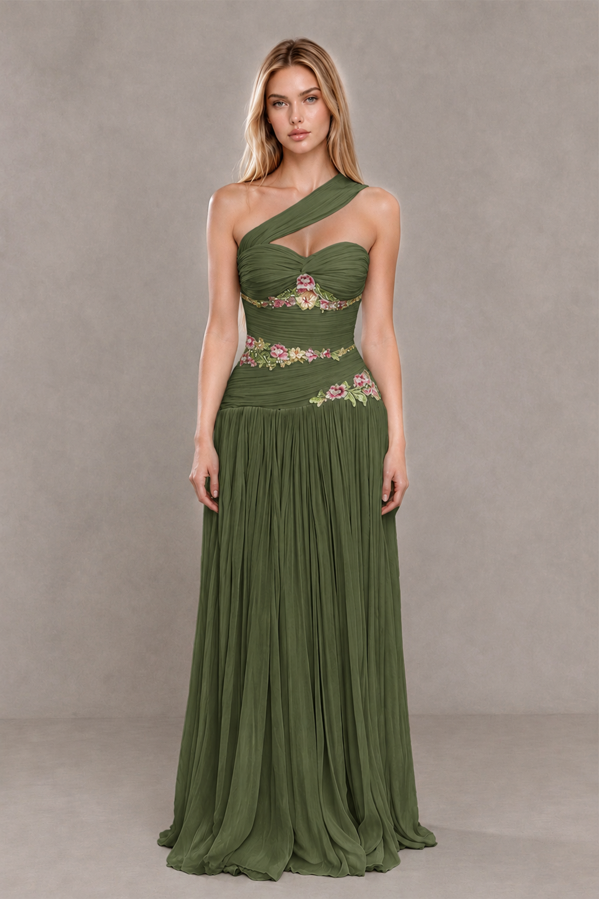 BOLODOO Olive Green One-Shoulder Floral Applique A-Line Evening Dress - Olive Green - Olive Green_1