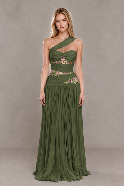BOLODOO Olive Green One-Shoulder Floral Applique A-Line Evening Dress - Olive Green - Olive Green_1
