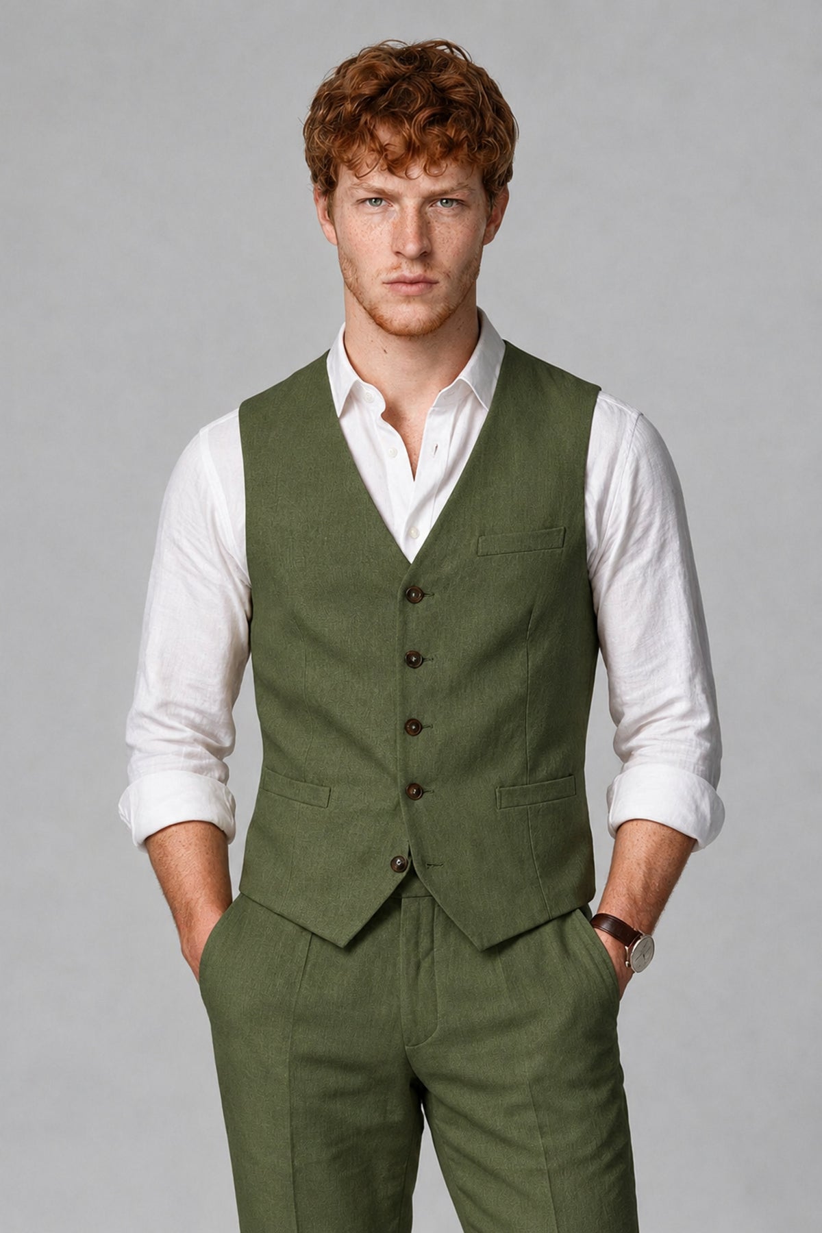 Bolodoo Men's Olive Green 2-Piece Vest and Pants Set with V-Neck Waistcoat - Olive Green - Olive Green_1