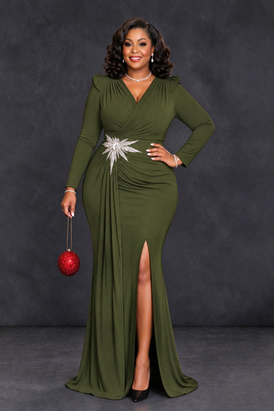 BOLODOO Olive Green Plus Size Long Sleeve V-Neck Mother of the Bride Dress with Slit - Olive Green - Olive Green_1